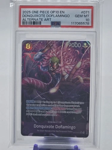 One Piece TCG English OP10-071 Donquixote Doflamingo Alt Art SR PSA 10