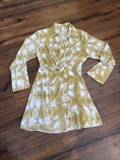 H&M Satin Like Wrap Shirt Dress Watercolor Gold White Small Collared Cloud Wash