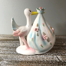 Vintage Stork Ceramic Planter Rubens 1960's Baby Nursery Shower Decor 684 Japan