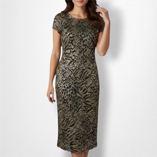 Vintage 90s Ronni Nicole by Ouida Midi Dress Black Gold Tan Animal Print Size 12
