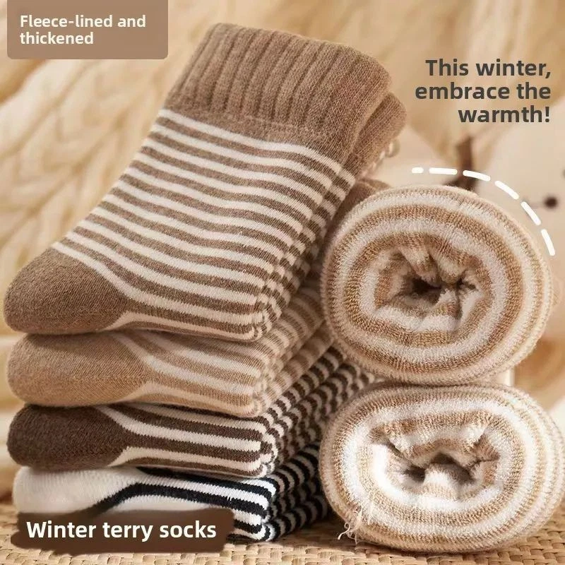 5 Pairs Kids Thermal Socks Fleece-Lined Mid-Calf Winter Striped Unisex