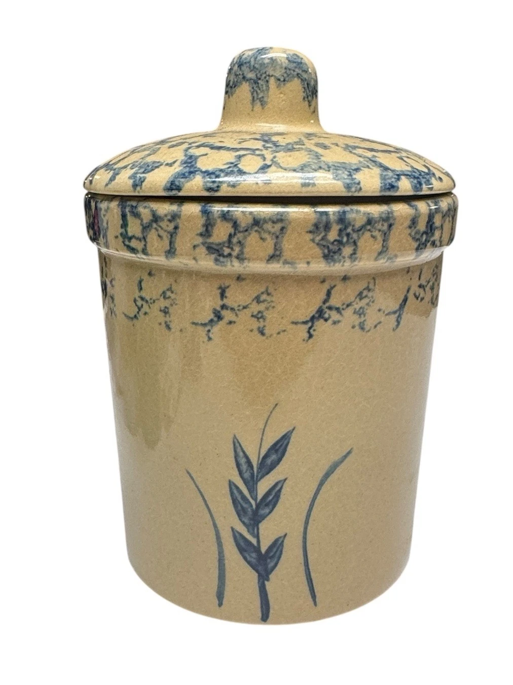 Vintage RRP Co Stoneware Canister Jar Lid Blue Spongeware Wheat 1 Qt