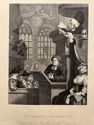 Antik Stahlstich 1860 THE SLEEPING CONGREGATIO Caricature Engraving Illustration - Bild 1 von 4