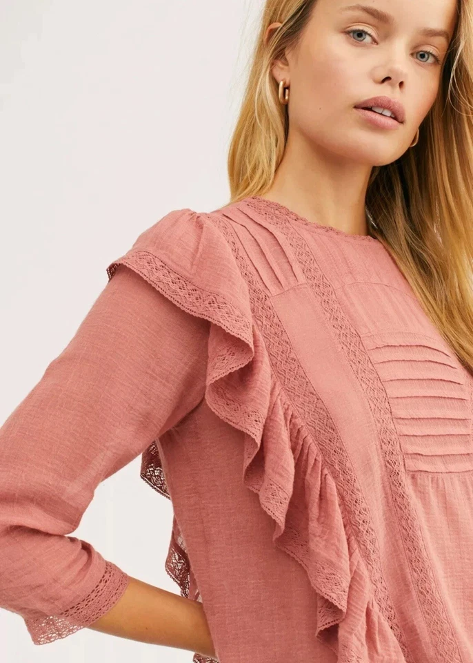 Free People Jasmine Ruffle Lace Boho Peasant Gauzy Victorian Cotton Blouse Sz S - Image 3 of 4