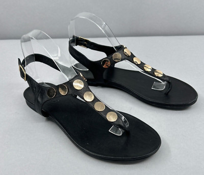 INUOVO Sandals Flip Flops 40 US 10 Thong Black Leather Studded Flat Ankle Strap