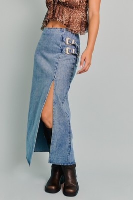 Double Buckle Detail Denim Midi Skirt with Slit - Le Lis