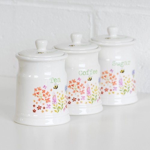 Tea Coffee Sugar Canisters Cream Ceramic Bee Floral Storage Jars Containers Pots 5056013369172