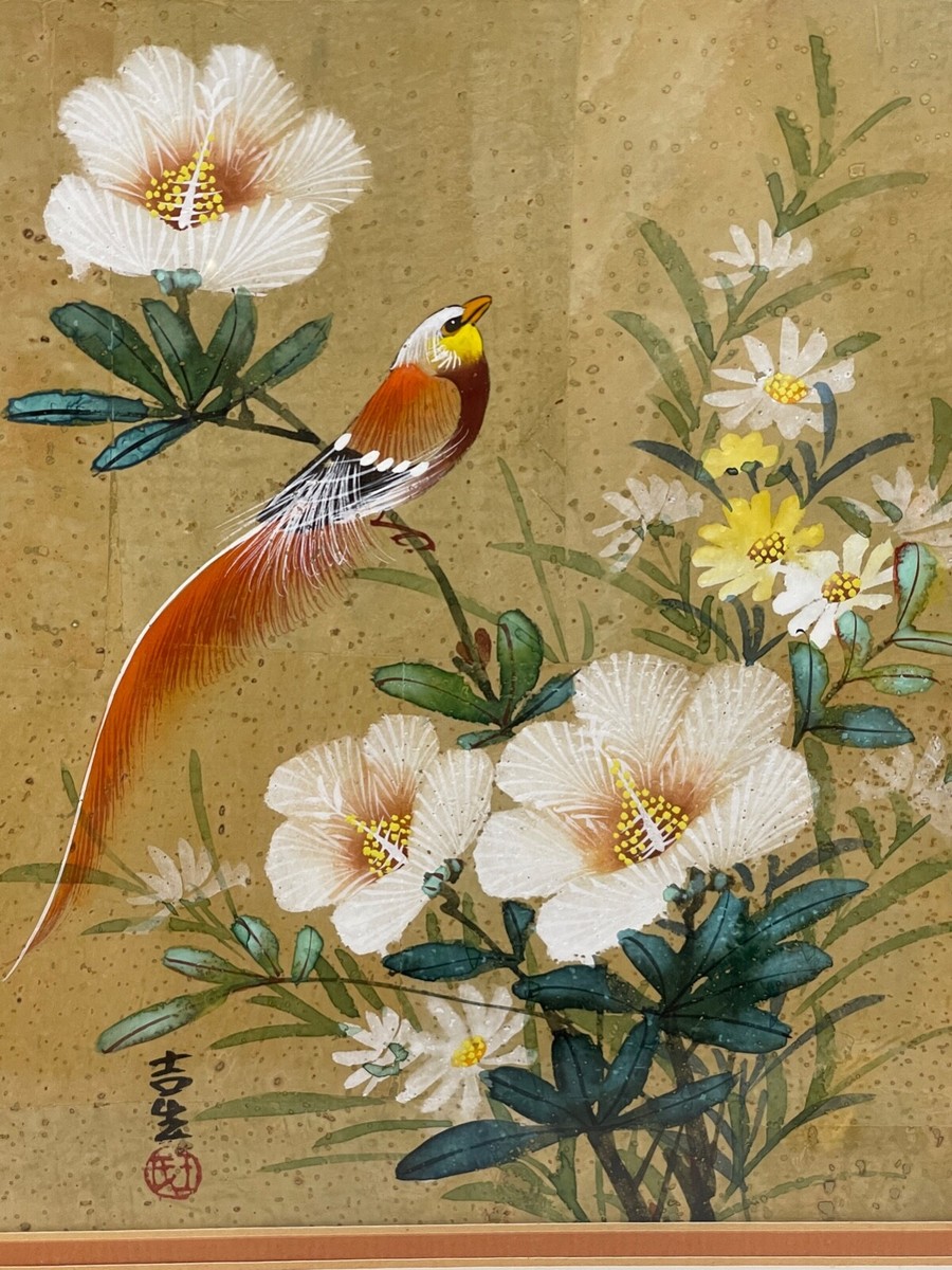 Vintage Chinese Watercolor Painting on Cork of Birds and Flowers