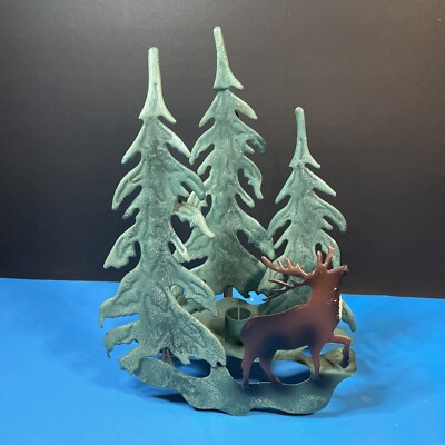 14''  Pine Tree & Elk Metal Candle Holder Rustic Log Cabin 
