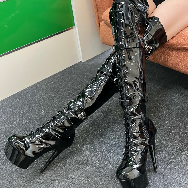 Patent Leather Thigh Black Thigh High Boots For Women Buckle Up