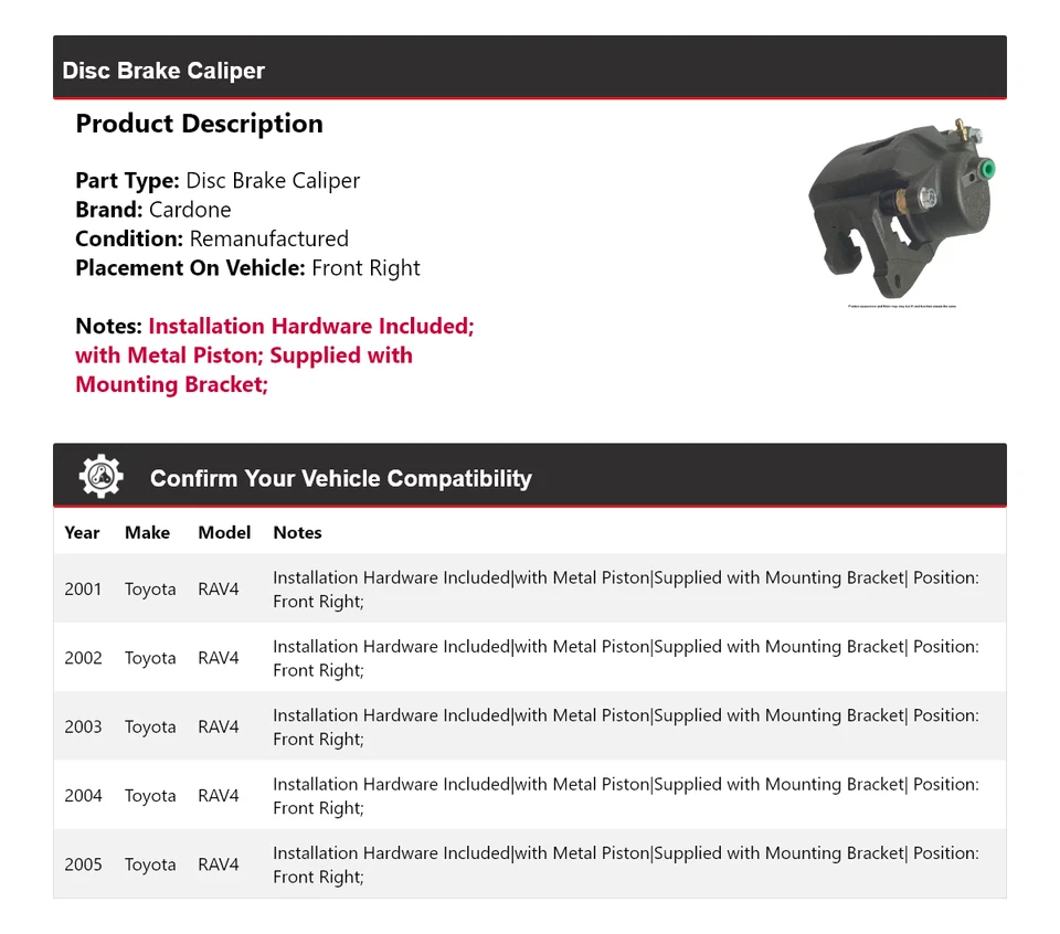 Pinza de freno de disco delantera derecha cardone 2002 2003 2004 para Toyota RAV4 2001-2005 Foto 2 de 4