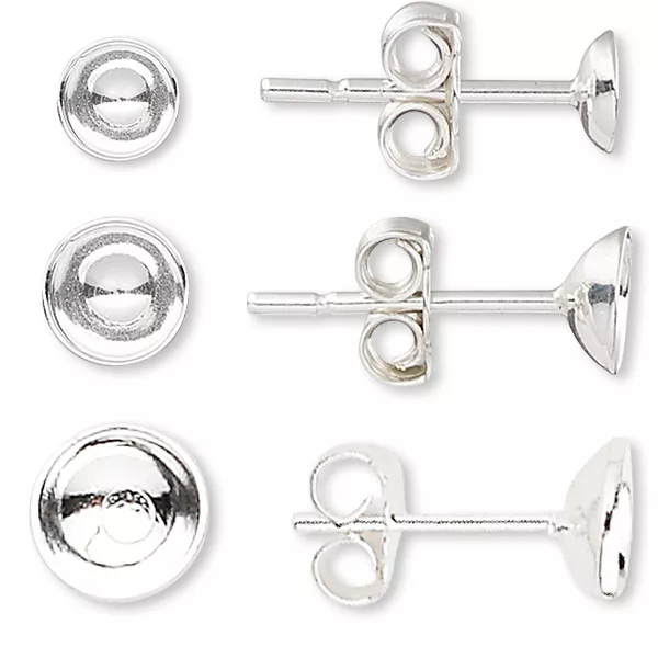 10 Sterling Silver Stud Post Earring Findings w Round Cup for Beads Cabochons