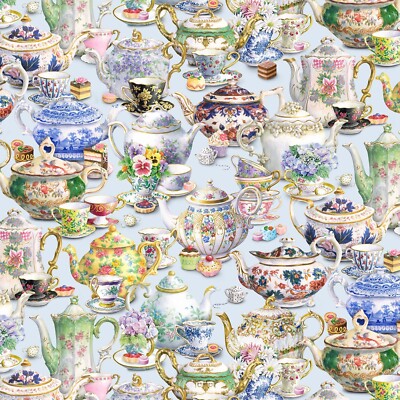 BTY Elizabeth's Studio Fancy Tea Teapots Cotton Fabric By The Yard 34000E-BLUE