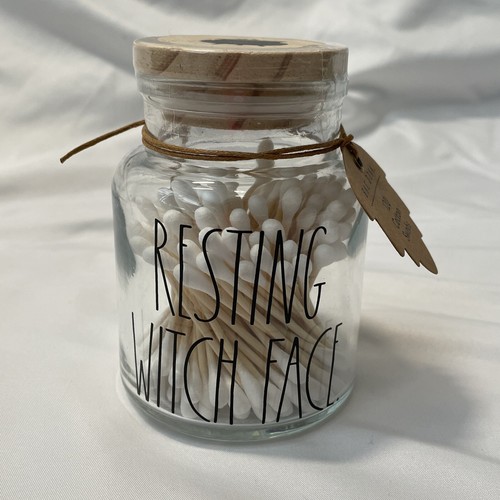 NUEVO RAE DUNN Halloween Descanso Cara de Bruja Caldero Tarro de Vidrio Tapa de Madera Hisopos - Imagen 1 de 6