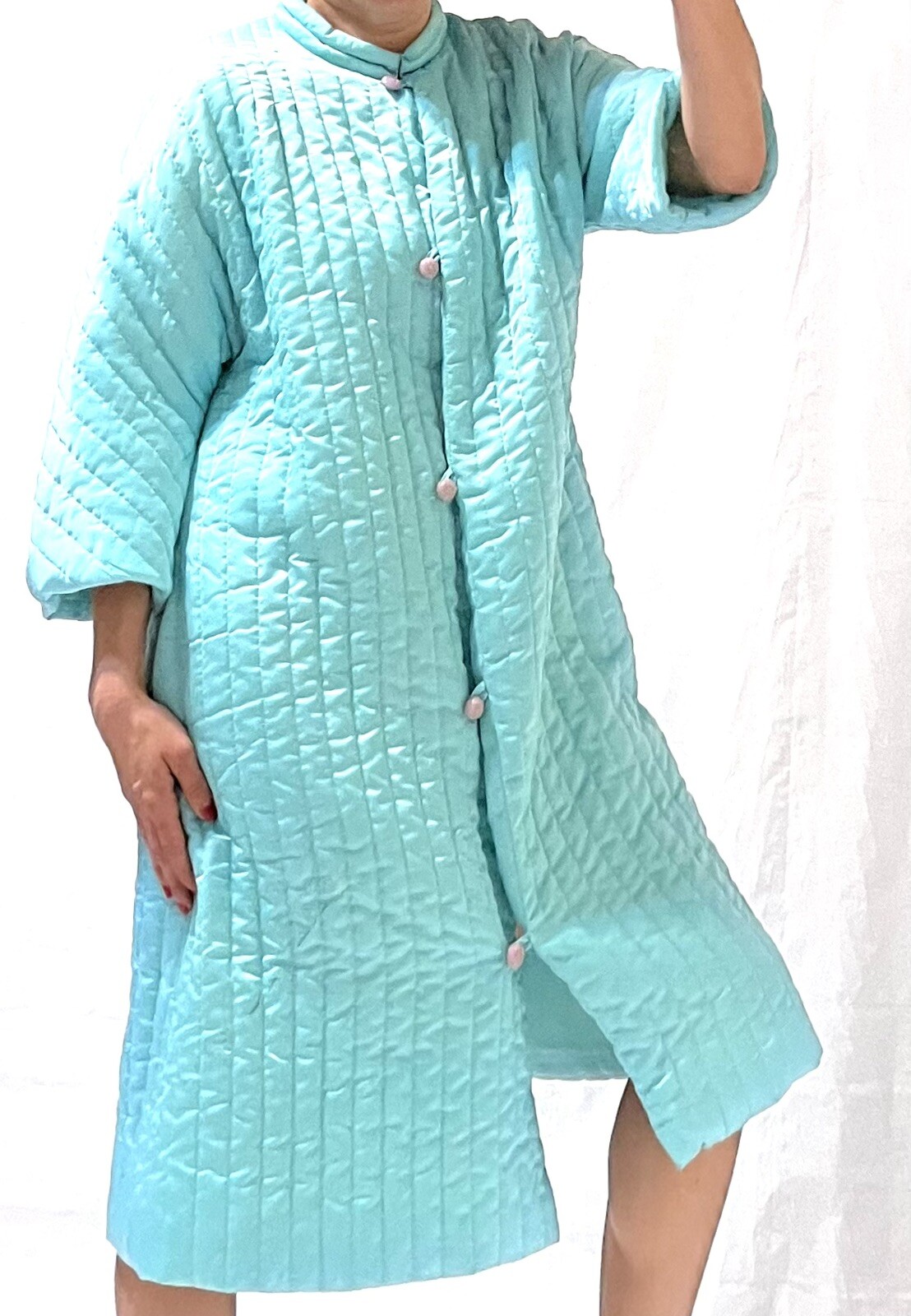 GORGEOUS UNIQUE VINTAGE PUFFER MIDI ROBE DRESS EVE STILLMAN RARE ROSE BUTTONS image 4