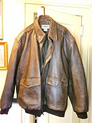 L.L.Bean Allagash Leather Bomber Jacket Brown 2XL Big & Tall Zip Front FLY TGR - product listing photo