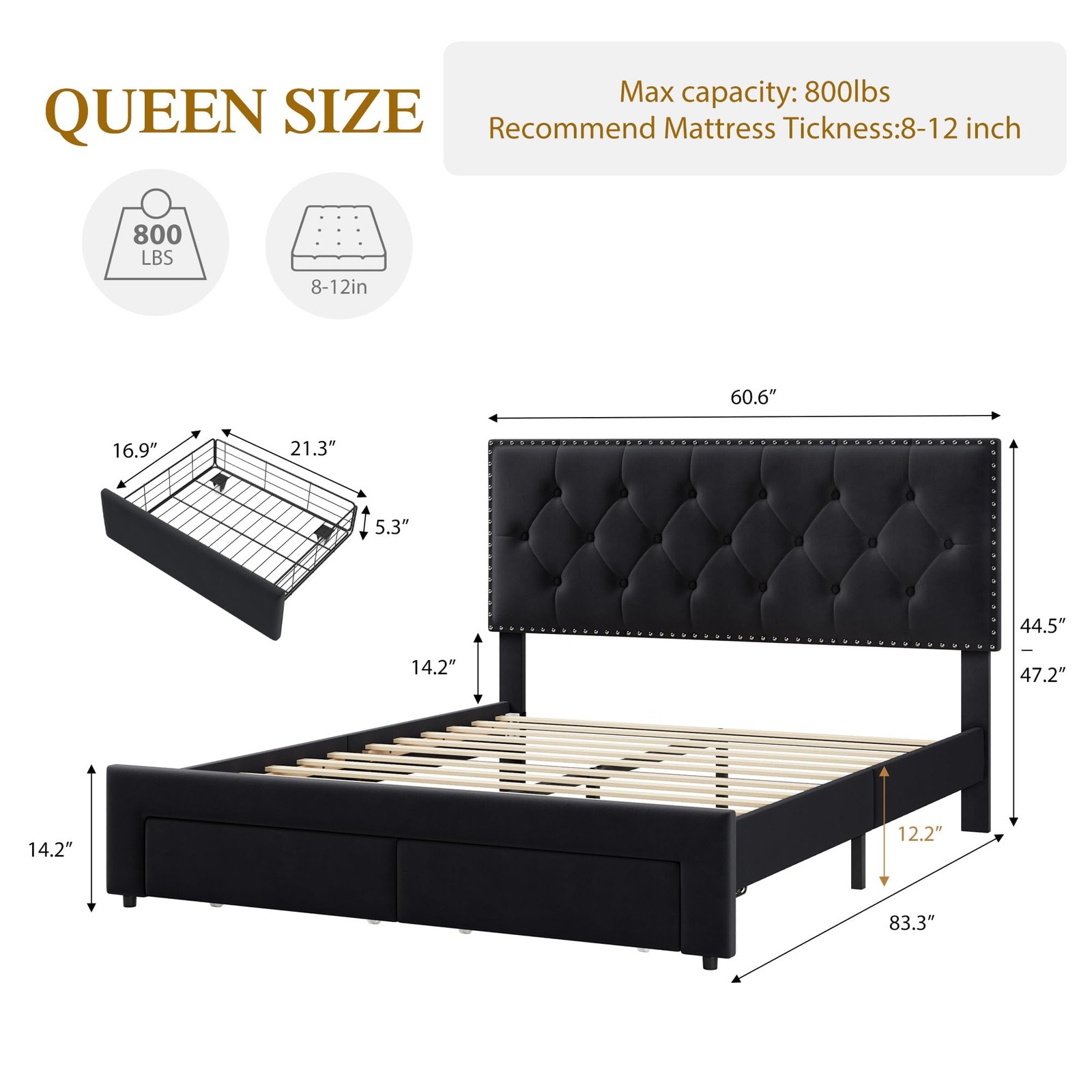 Headboard & 2 Drawers,platform Bed Full Queen King Size