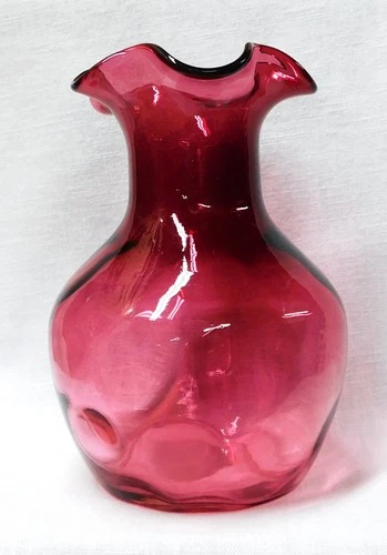 Vintge Cranberry Pink Fenton Optic Coin Dot Vase Ruffled Edge Blown Glass
