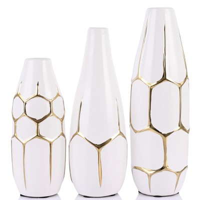 Ceramic Checkered Vase Set of 3 - White and Gold Vase, Modern White Striped D...