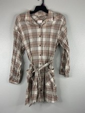 Mainstrip Women Large Plaid Shirt Dress Brown Beige Tie Belt Western Cowgirl