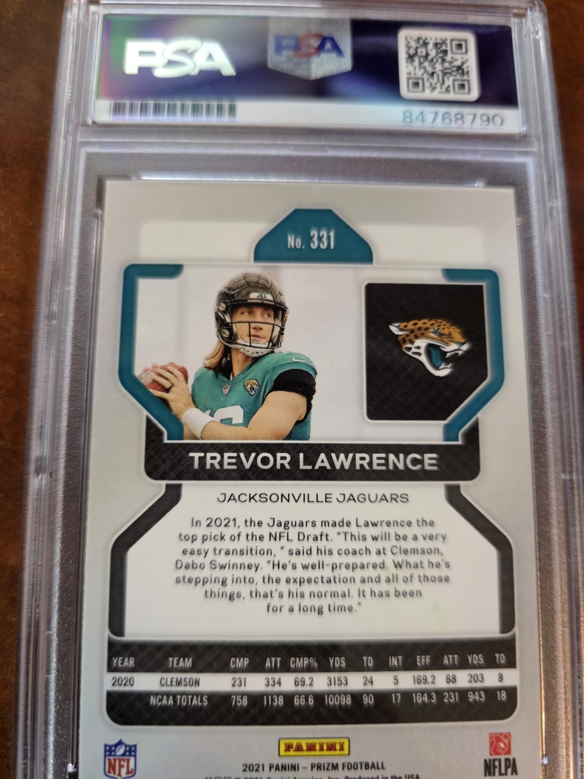 2021 Prizm Trevor Lawrence ON Card Rookie Auto PSA Jaguars view 2