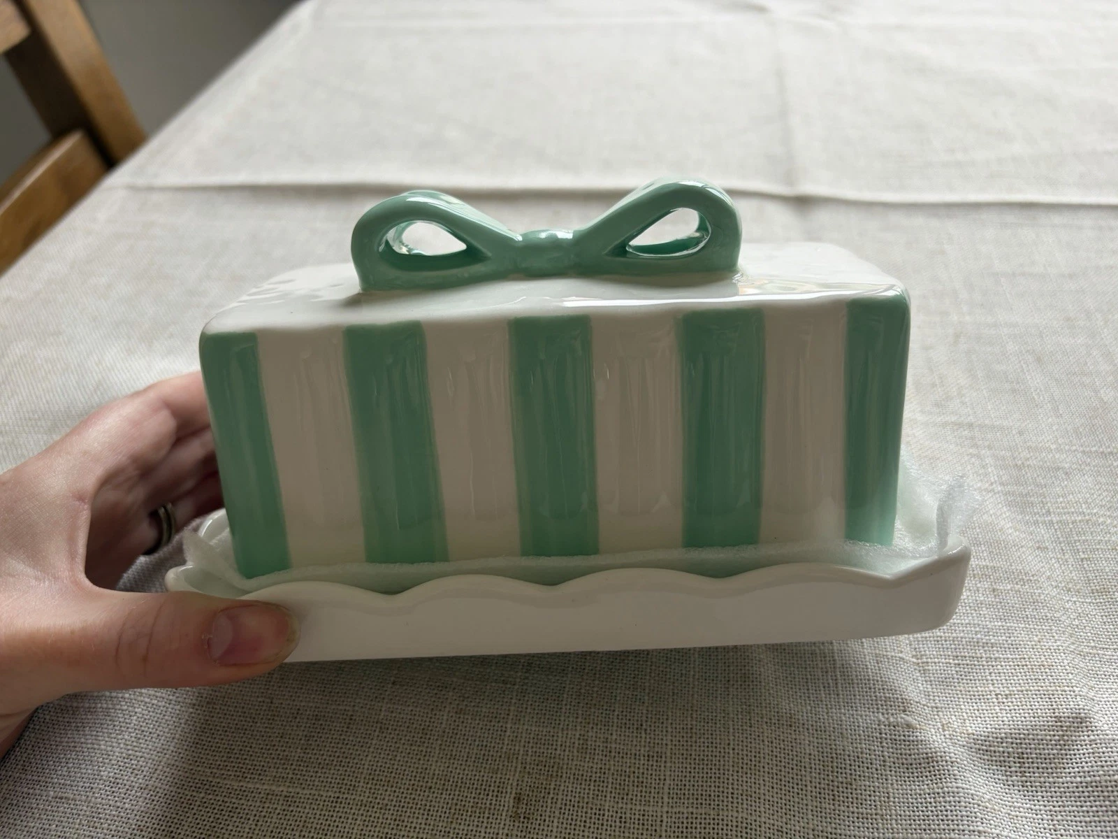 Ocotea Homeware Butter Dish Green Stripe Bow