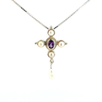 Sterling Silver Amethyst And Freshwater Pearl Pendant (1 x 1.5 Inch)