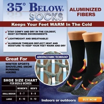 35 Below Socks Keep Your Feet Warm and Dry As Seen On TV Aluminized Fibers
