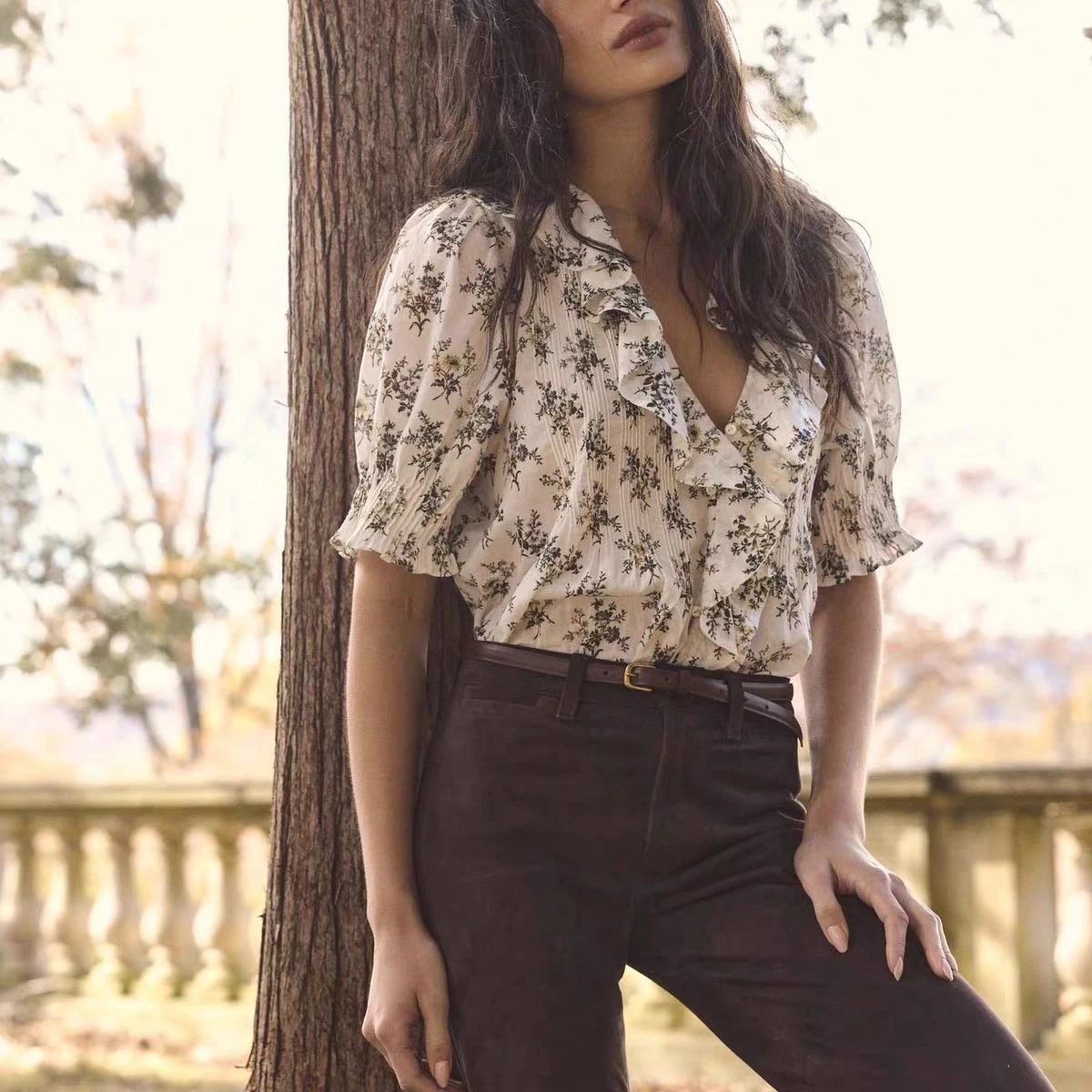 Women Doen Floral Ruffle Embellished Half Sleeve Shirt Top