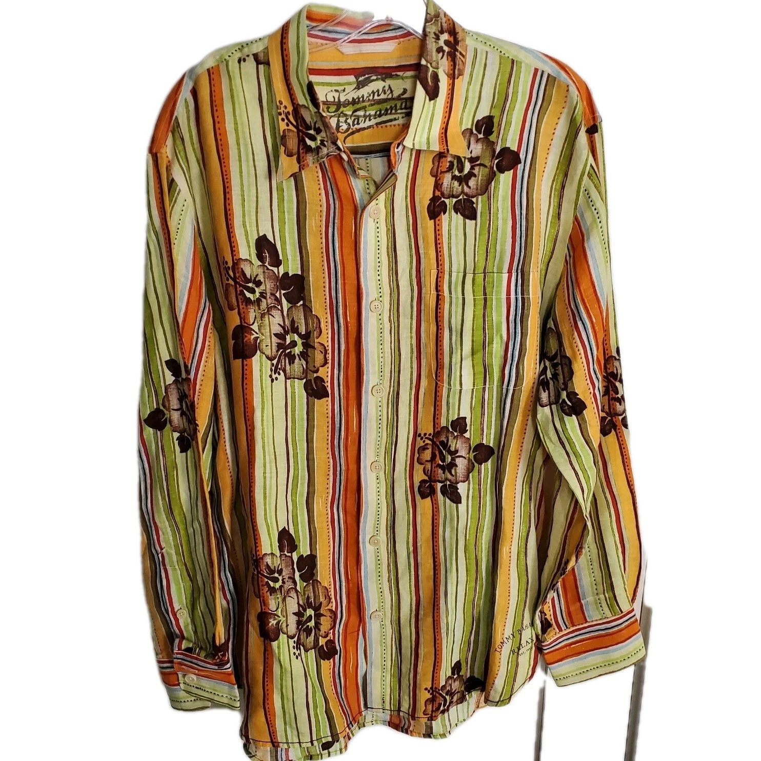 TOMMY BAHAMA Relax Mens L Linen Shirt Bold Colorful Floral Striped Beach Cruise