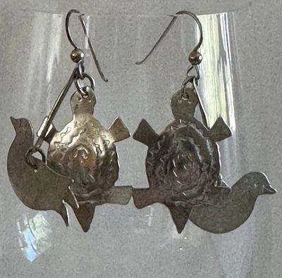 Tribal Silver Tone Turtle & Bird Charm Dangle Drop Earrings Metal Hook 6015 - Image 1 of 4