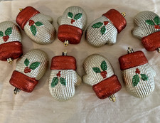 SET OF 9 SHATTERPROOF Red White WINTER MITTEN Christmas ORNAMENT