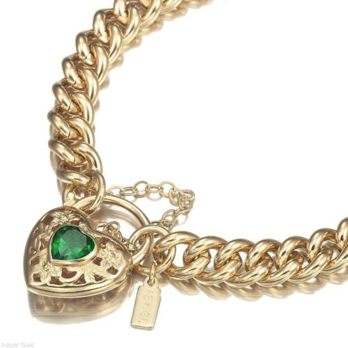 18K Yellow Gold GL Women's Solid Medium Euro Bracelet & Emerald Heart 18cm - Picture 1 of 6