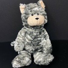 Gray White Stripe Kitty Cat Plush Tan Face Silky Fur Curly Tail Stuffed Animal