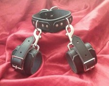 Bondage Leather Neck Collar To Wrist Cuffs Restraints BDSM Fetish Adult Slave