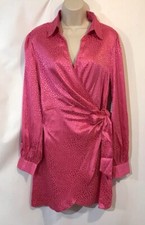 New Lipsy Size 12 Pink Jacquard Mini Wrap Shirt Short Tie Dress Long Sleeve