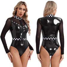 Women Jumpsuit Long Sleeve Leotard Cosplay Bodysuit Driver Clubwear Mesh Fancy
