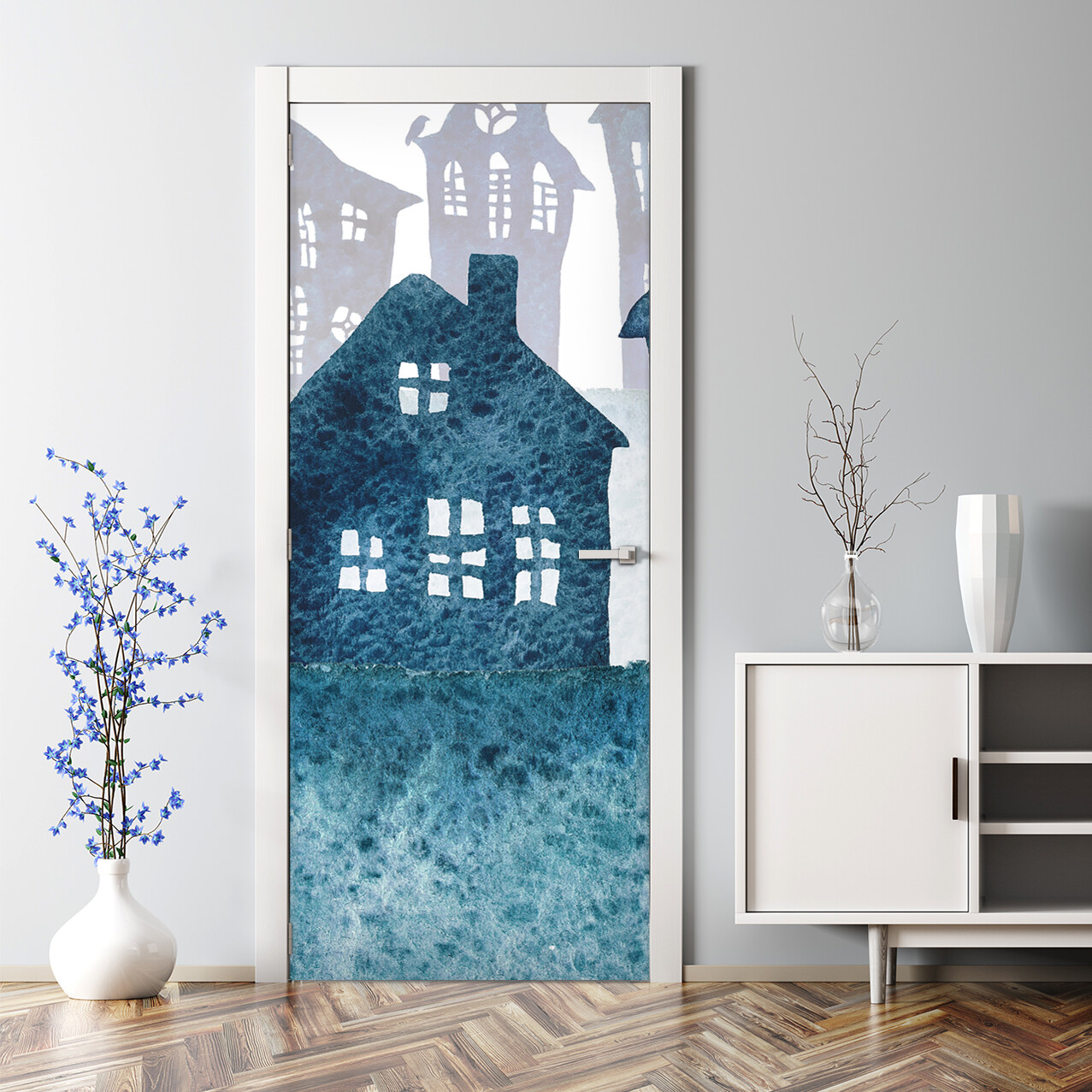 Blue and White Watercolor Foggy Town Bubble-Free Door Sticker for Home Decor