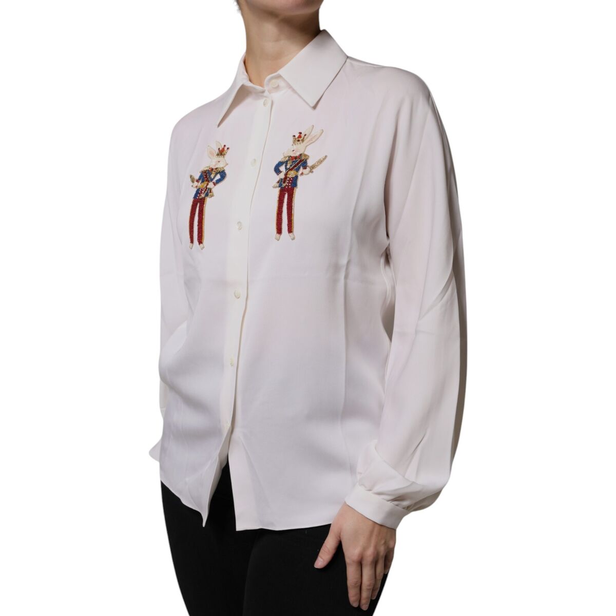 DOLCE & GABBANA Top White Rabbit Patch Silk Collared Blouse DOLCE & GABBANA Top White Rabbit Patch Silk Collared Blouse