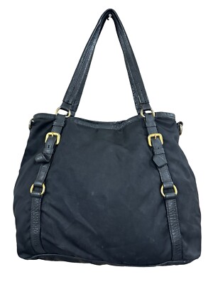 Prada Buckle Tote Bag Tessuto Nylon Black Leather Trim w