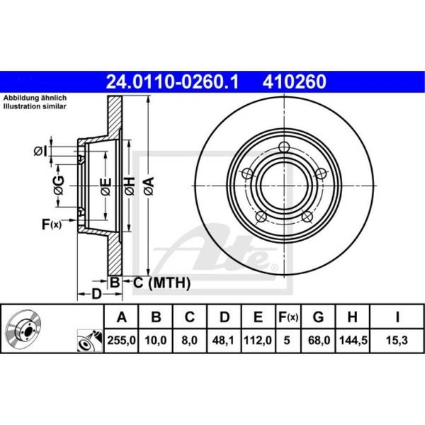 Ate 2X Bremsscheibe Hinten 2550 Voll FüR Audi A6 Avant 4B C5 4B5 24.0110-0260.1-image