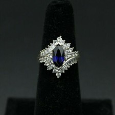 BLUE SAPPHIRE CRYSTAL ENCRUSTED VINTAGE 925 STERLING SILVER WOMEN'S RING SIZE 5