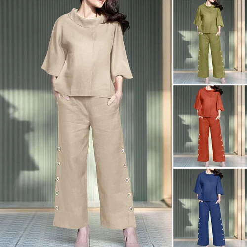 New Women 3/4 Sleeve Cotton Tops Wide Leg Elastic Waist Trousers Suit Outfits - Picture 3 of 18