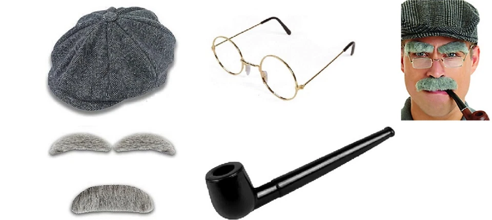 VIEJO HOMBRE GRIS ELEGANTE VESTIDO DISFRAZ ABUELO GORRA PLANA PIPA CEJAS PESTAÑAS REINO UNIDO Foto 3 de 3