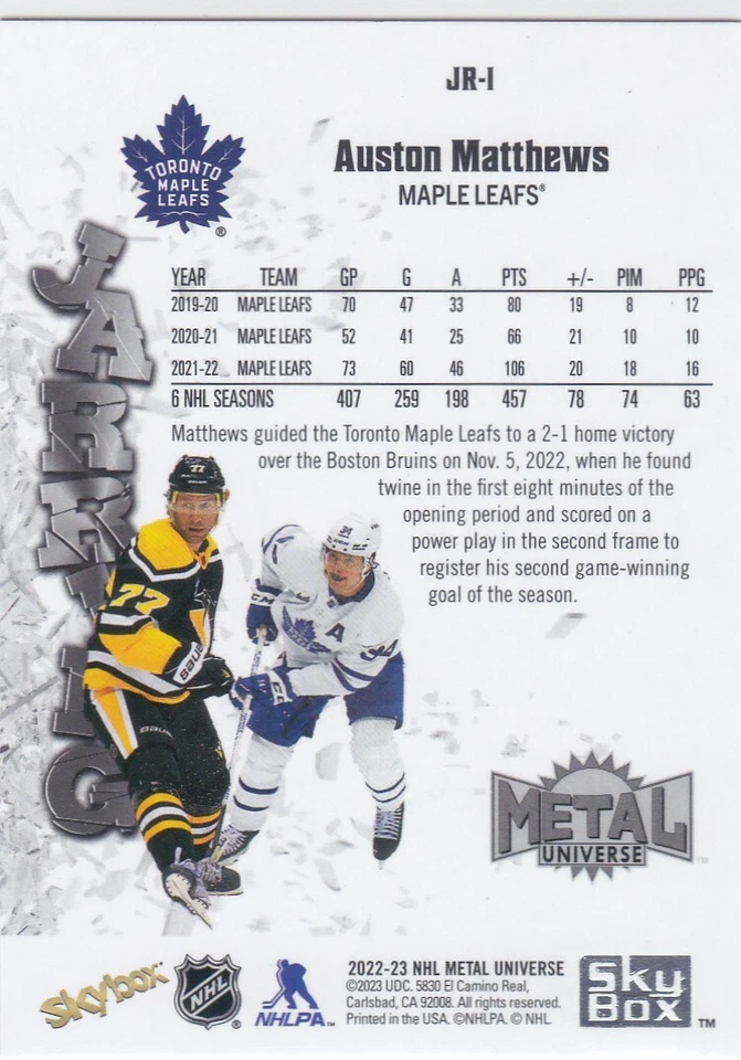 2022/23 SKYBOX METAL UNIVERSE..AUSTON MATTHEWS..JARRING..CARD # JR-1.MAPLE LEAFS - Image 2 of 2