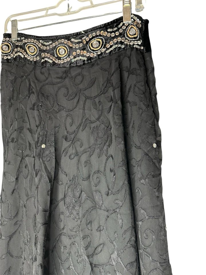 VTG Y2K Crushed Velvet Burnout Sequin Beads Whimsigoth Fairy Midi Black Skirt S - Image 4 of 4