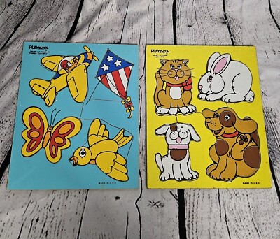 Vintage Playskool Wooden Puzzles. Set Of 2 My Pets/things That Fly Made In Usa