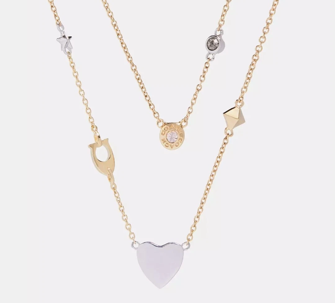 Collana Doppia Catena Coach Heart Star Cristallo Nuova con etichette