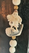 Vintage Japanese Faux Ivory Netsuke Bead Necklace 14k Gold Knotted Silk 36" Esta