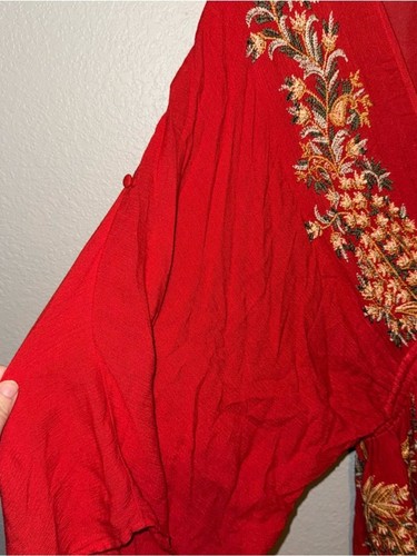 Free People Pretty Pineapple Dress Poppy Red Gold Embroidered Boho Mini Size M - Picture 7 of 10